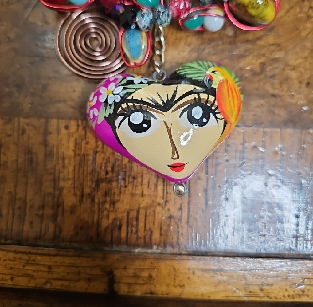 FRIDA Colorful Floral Heart Pendant Statement Necklace - Pink & Multicolor - Picture 2 of 7